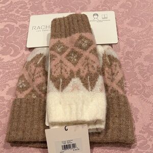 Rachel Parcell Pink, Cream & Brown Fair Isle Beanie and Fingerless Glove Set